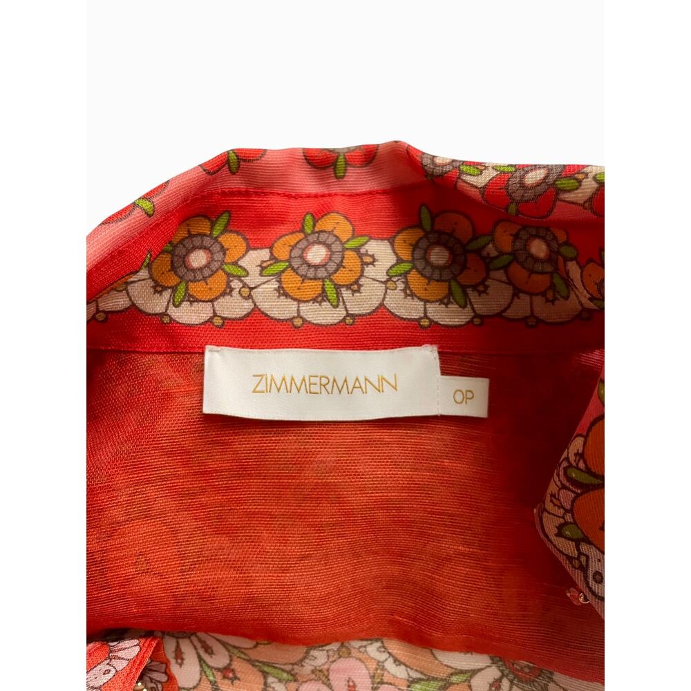 Zimmermann Kaleidoscope Zodiac Aries Top Shirt Red Orange Floral Linen Silk 0P - Picture 7 of 10